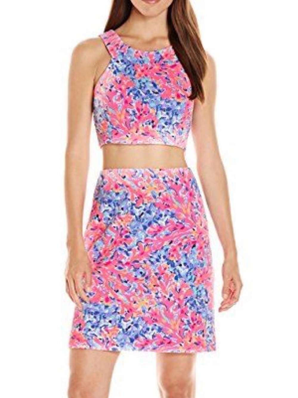 Lilly Pulitzer vibrant Pink & Blue coral Stretch Pencil Skirt and crop top set